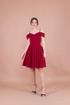 Bordo Mini Askılı Düşük Omuz Detay Pileli Abiye Elbise