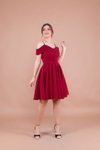 Bordo Mini Askılı Düşük Omuz Detay Pileli Abiye Elbise