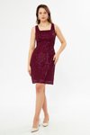 Bordo Mini Askılı Kare Yaka Desenli Payet Kalem Abiye Elbise