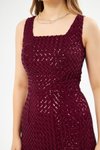 Bordo Mini Askılı Kare Yaka Desenli Payet Kalem Abiye Elbise