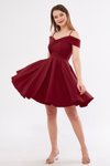 Bordo Mini Askılı Kayık Yaka Detay Pileli Kloş Abiye Elbise