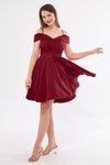 Bordo Mini Askılı Kayık Yaka Detay Pileli Kloş Abiye Elbise