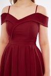 Bordo Mini Askılı Kayık Yaka Detay Pileli Kloş Abiye Elbise