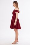Bordo Mini Askılı Kayık Yaka Detay Pileli Kloş Abiye Elbise