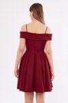 Bordo Mini Askılı Kayık Yaka Detay Pileli Kloş Abiye Elbise