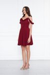 Bordo Mini Ayarlanabilir Askılı Yaka Fırfır Detay Dokuma Kumaş Pileli Kloş Abiye Elbise