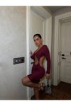 Bordo Mini Beyaz Yırtmaçlı Cut-out Uzun Kollu Bağlamalı Derin Dekolteli Elbise
