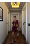 Bordo Mini Beyaz Yırtmaçlı Cut-out Uzun Kollu Bağlamalı Derin Dekolteli Elbise