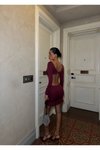 Bordo Mini Beyaz Yırtmaçlı Cut-out Uzun Kollu Bağlamalı Derin Dekolteli Elbise