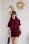 Bordo Mini Bisiklet Yaka Eteği Büzgülü Modal Kumaş Elbise