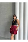 Bordo Mini Bürümcük Kumaş Katlı Şort Etek