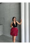 Bordo Mini Bürümcük Kumaş Katlı Şort Etek