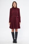 Bordo Mini Dokuma Dökümlü Kumaş Uzun Kol Beli Lastikli Ve Kuşaklı Gömlek Elbise