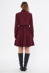 Bordo Mini Dokuma Dökümlü Kumaş Uzun Kol Beli Lastikli Ve Kuşaklı Gömlek Elbise