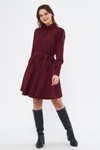 Bordo Mini Dokuma Dökümlü Kumaş Uzun Kol Beli Lastikli Ve Kuşaklı Gömlek Elbise