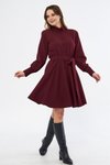 Bordo Mini Dokuma Dökümlü Kumaş Uzun Kol Beli Lastikli Ve Kuşaklı Gömlek Elbise