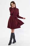 Bordo Mini Dokuma Dökümlü Kumaş Uzun Kol Beli Lastikli Ve Kuşaklı Gömlek Elbise