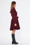 Bordo Mini Dokuma Dökümlü Kumaş Uzun Kol Beli Lastikli Ve Kuşaklı Gömlek Elbise