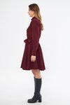 Bordo Mini Dokuma Dökümlü Kumaş Uzun Kol Beli Lastikli Ve Kuşaklı Gömlek Elbise