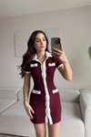 Bordo Mini Garnili Ottoman Kumaş Gömlek Yaka Elbise