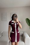 Bordo Mini Garnili Ottoman Kumaş Gömlek Yaka Elbise