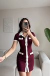 Bordo Mini Garnili Ottoman Kumaş Gömlek Yaka Elbise