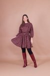 Bordo Mini Kadife Çiçek Desenli Yarasa Kol Elbise