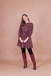 Bordo Mini Kadife Çiçek Desenli Yarasa Kol Elbise