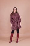 Bordo Mini Kadife Çiçek Desenli Yarasa Kol Elbise