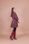 Bordo Mini Kadife Çiçek Desenli Yarasa Kol Elbise
