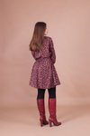 Bordo Mini Kadife Çiçek Desenli Yarasa Kol Elbise