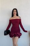 Bordo Mini Kayık Yaka Balon Etek Abiye Elbise