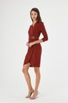 Bordo Mini Krep Kruvaze Yaka Detaylı Kemerli Mevsimlik Anvelop Elbise