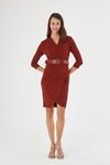 Bordo Mini Krep Kruvaze Yaka Detaylı Kemerli Mevsimlik Anvelop Elbise