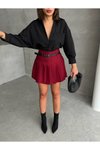 Bordo Mini Pileli Kemer Detaylı Şort Etek