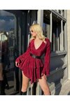 Bordo Mini Pileli Kemer Detaylı V Yaka Abiye Elbise