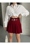 Bordo Mini Pileli Kemerli İçi Astarlı Etek