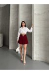 Bordo Mini Pileli Kemerli İçi Astarlı Etek