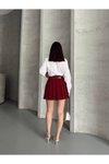 Bordo Mini Pileli Kemerli İçi Astarlı Etek