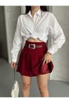 Bordo Mini Pileli Kemerli İçi Astarlı Etek