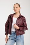Bordo Oversize Suni Deri Fermuarlı Ceket