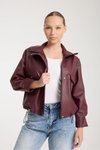 Bordo Oversize Suni Deri Fermuarlı Ceket