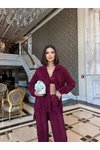Bordo Piliseli Üçlü Crop Gömlek Pantolon Takım