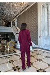 Bordo Piliseli Üçlü Crop Gömlek Pantolon Takım