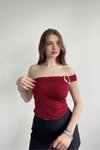 Bordo Sandy Kumaş Omuz Aksesuar Detaylı Crop Bluz