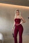 Bordo Straplez Tül Crop Kumaş Pantolon İkili Takım