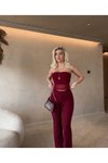 Bordo Straplez Tül Crop Kumaş Pantolon İkili Takım