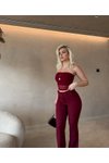 Bordo Straplez Tül Crop Kumaş Pantolon İkili Takım
