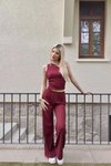 Bordo Tek Omuz Gofre Kumaş Alt Üst İkili Takım