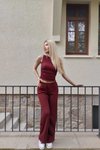 Bordo Tek Omuz Gofre Kumaş Alt Üst İkili Takım